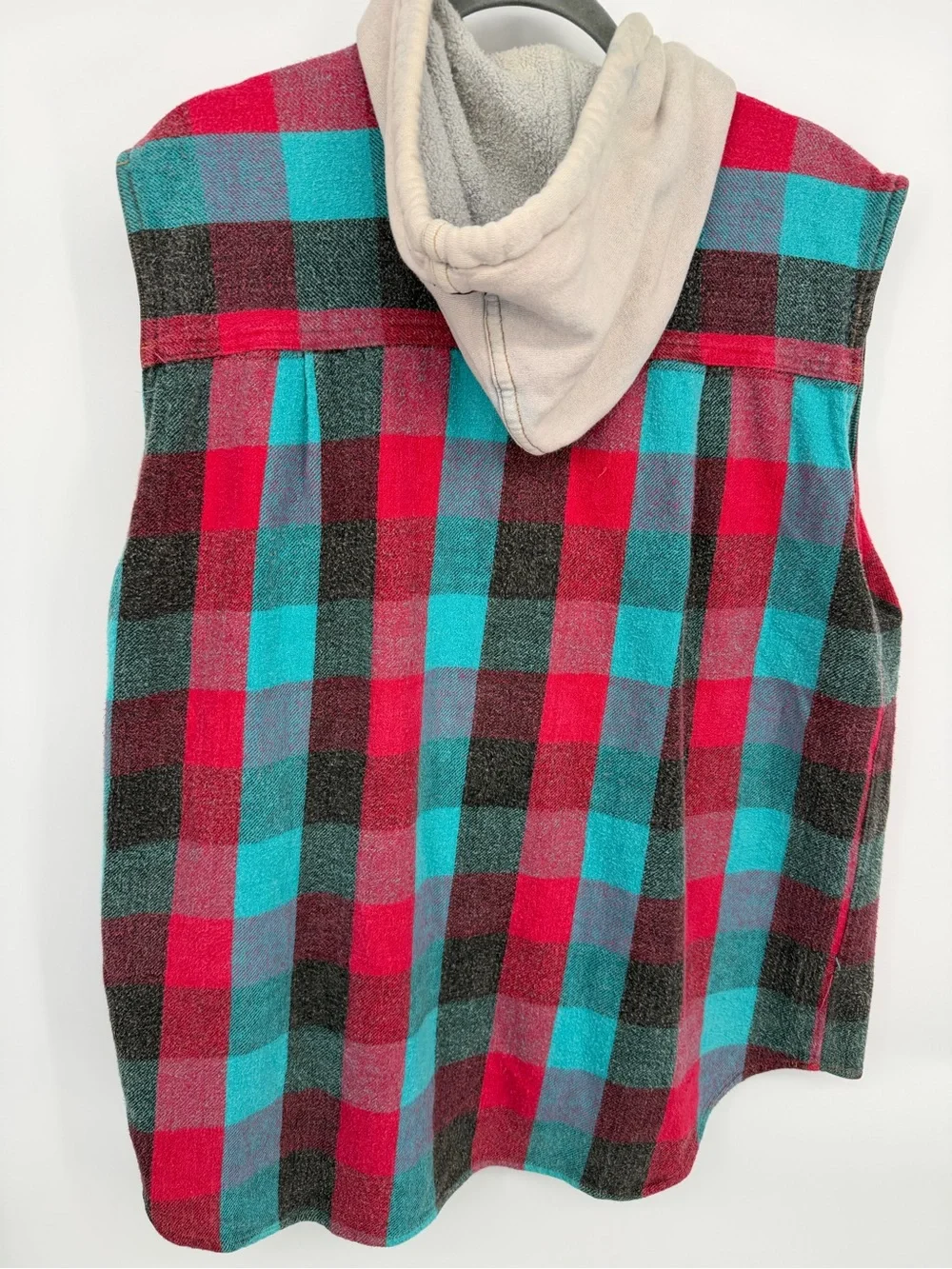 Vintage Quiksilver Red & Teal Plaid Hooded Flannel Vest